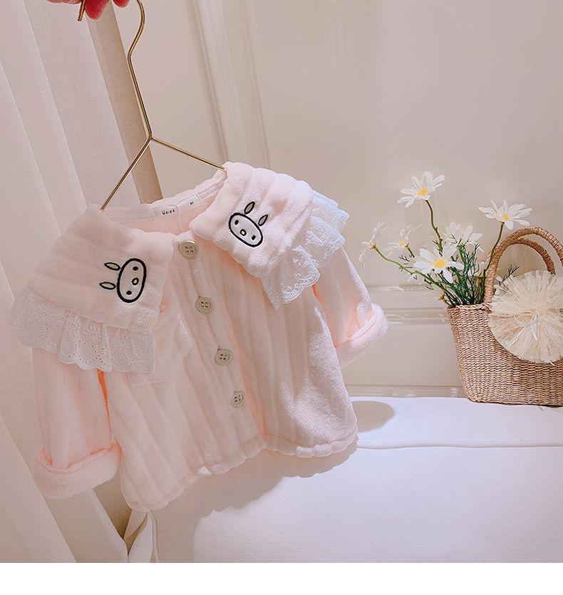 Girls Coral Velvet Pajamas Set Autumn and Winter Baby Plush Thickened Flannel Children's Winter Warm Home Clothes