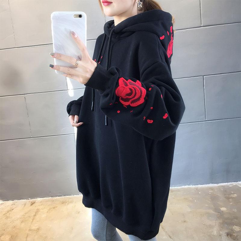 Crane Floral Embroidery Harajuku Hoodies Women Autumn Winter Thick Fleece White Black Hooded Pullover Tops Oversized Streetwear Hip Hop Sweatshirts