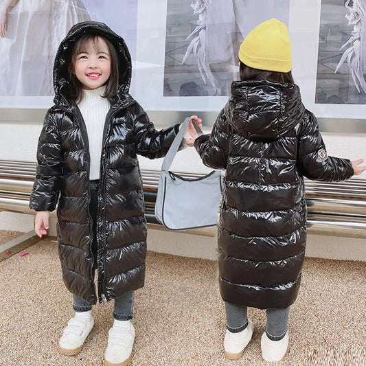 Children's Mid-length Shiny Down Jacket for Boys and Girls Older Children's Over-knee Padded Jacket