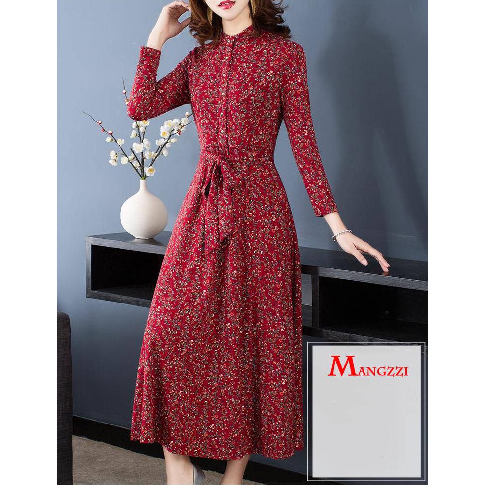 Slim fit long skirt floral skirt knitted dress women autumn and winter stand collar long sleeves