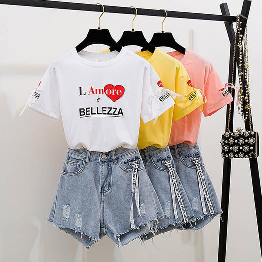 Pofulove Women Soft High Quality O-Neck Cotton Letter T-Shirt+High Waist Denim Shorts Two Piece Suit