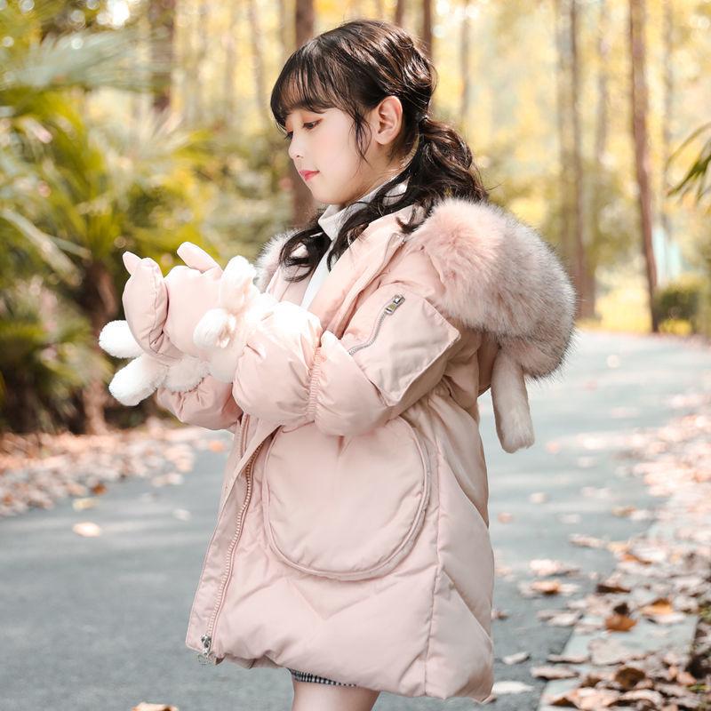 Girls Plus Velvet Thick Warm Cotton Coat Winter Korean Windproof Cotton Clothing Mid-length Cotton-padded Jacket with Gloves