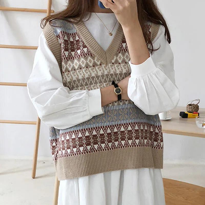 Women Sleeveless Sweater Casual Tank Top Knitted Vest Pullover Autumn Winter Female Loose V-neck Knitting Vest Sweater