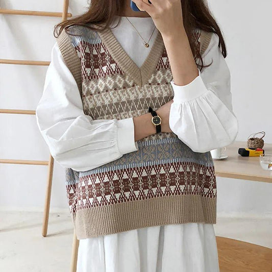 Women Sleeveless Sweater Casual Tank Top Knitted Vest Pullover Autumn Winter Female Loose V-neck Knitting Vest Sweater