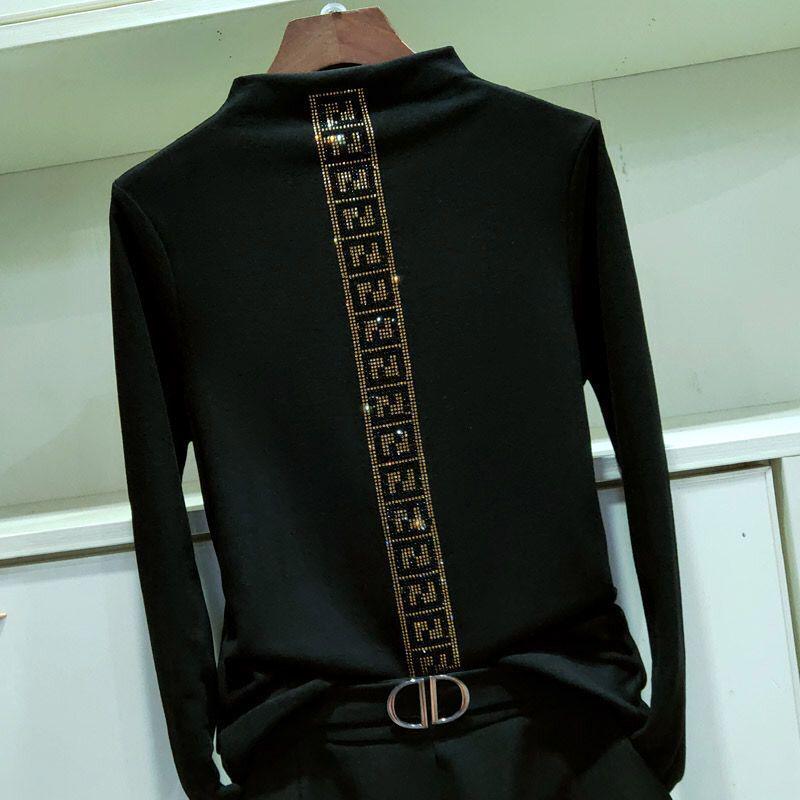 Plus Velvet  Bottoming Shirt Women Autumn and Winter Korean High-neck Rhinestone Pullover Bottoming Shirt