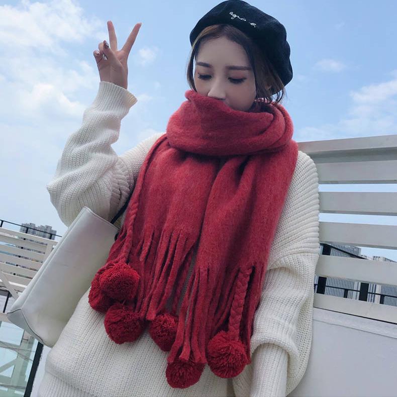 Scarf Female Autumn and Winter Fur Ball Tassel Thick Warm Plaid Shawl Scarf