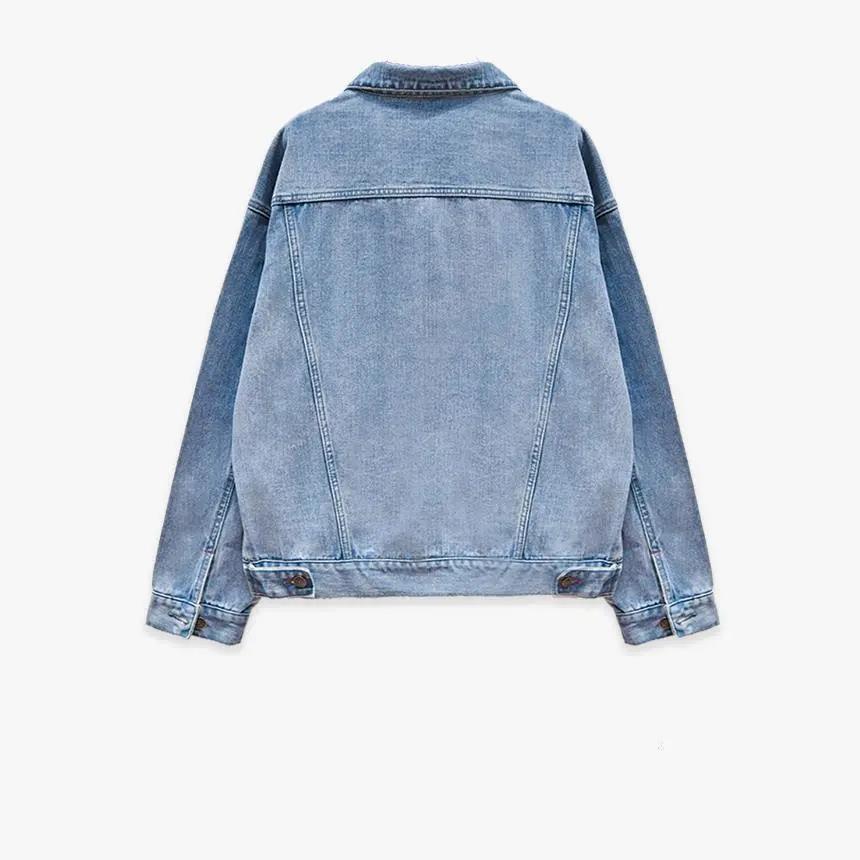 Vintage Women Jacket 2021 Autumn Winter Oversize Denim Jackets Washed Blue Jeans Coat Turn-down Collar Outwear Bomber Jacket