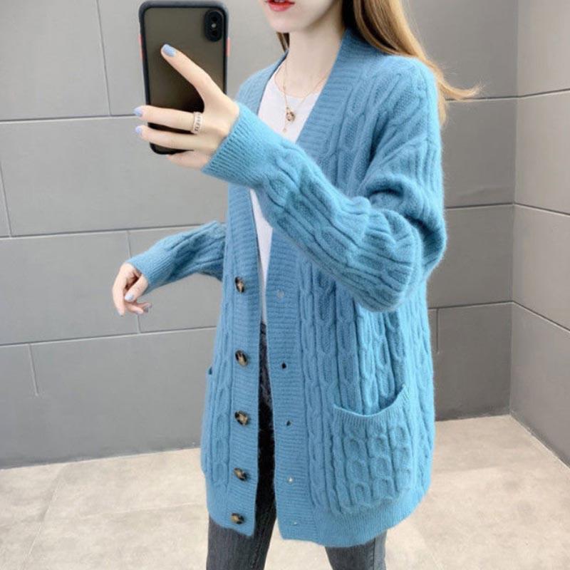 Women's Loose All-match Mid-length Knitted Sweater Cardigan Sweater Coat In Spring and Autumn