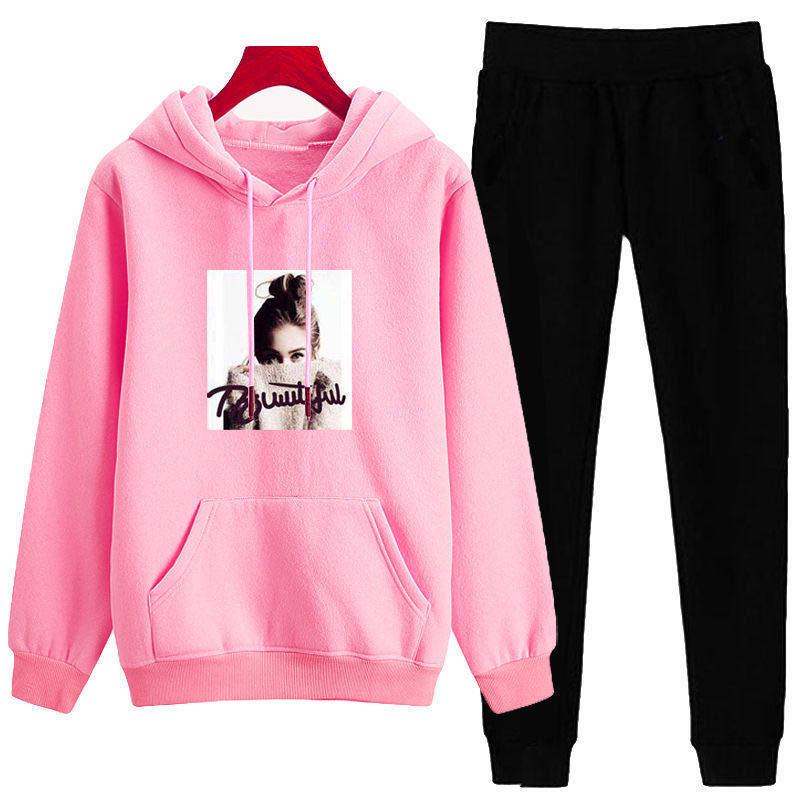 Women Spring Autumn Long Sleeve Print Slim Hooded Sweater Sportswear Loose Casual Pants Two Piece Set