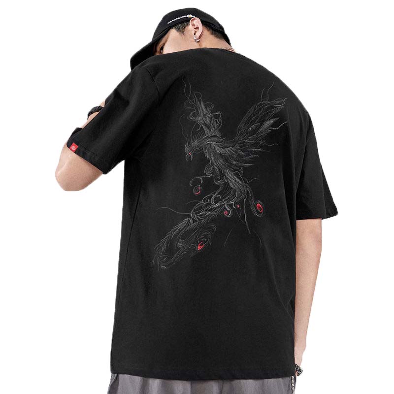 Pure Cotton Half-sleeved Trend Loose Short-sleeved T-shirt Men's Phoenix Embroidery T-shirt