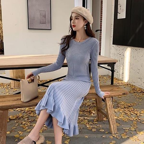 Fashion Slim Dress Winter Long Sleeve Half High Neck Buttoned Knit Sweater Mid-length Thin Dress