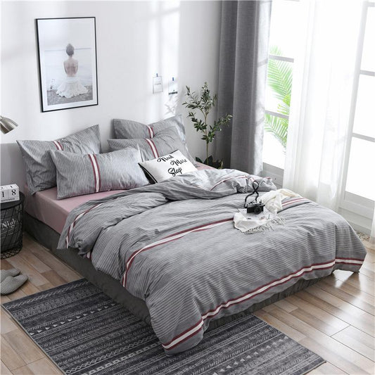 3/4 Pcs Bedding Set Simple Stripes Cotton Printed Bed Sheet Bed Cover Home Textile Bedclothes