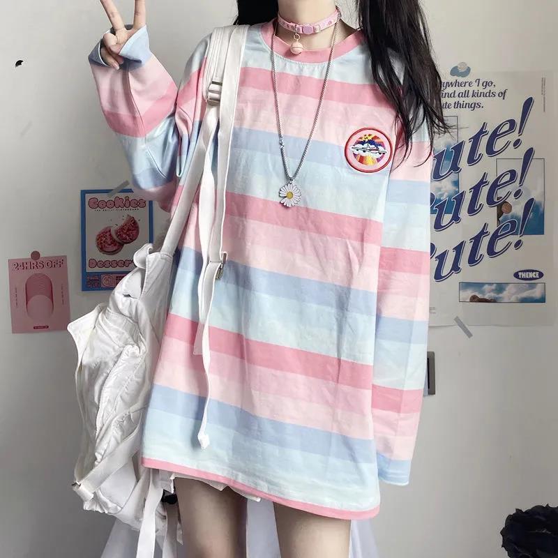 Women Long Sleeves Harajuku T-Shirt Rainbow Contrast Colored Cross Stripes Printed Loose Pullover Top