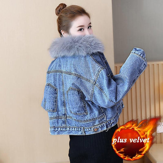 Winter  Plus Velvet Warm Cotton Denim Parkas Women Hooded Jacket Coat Woman Bomber Jackets Parkas Plus Size