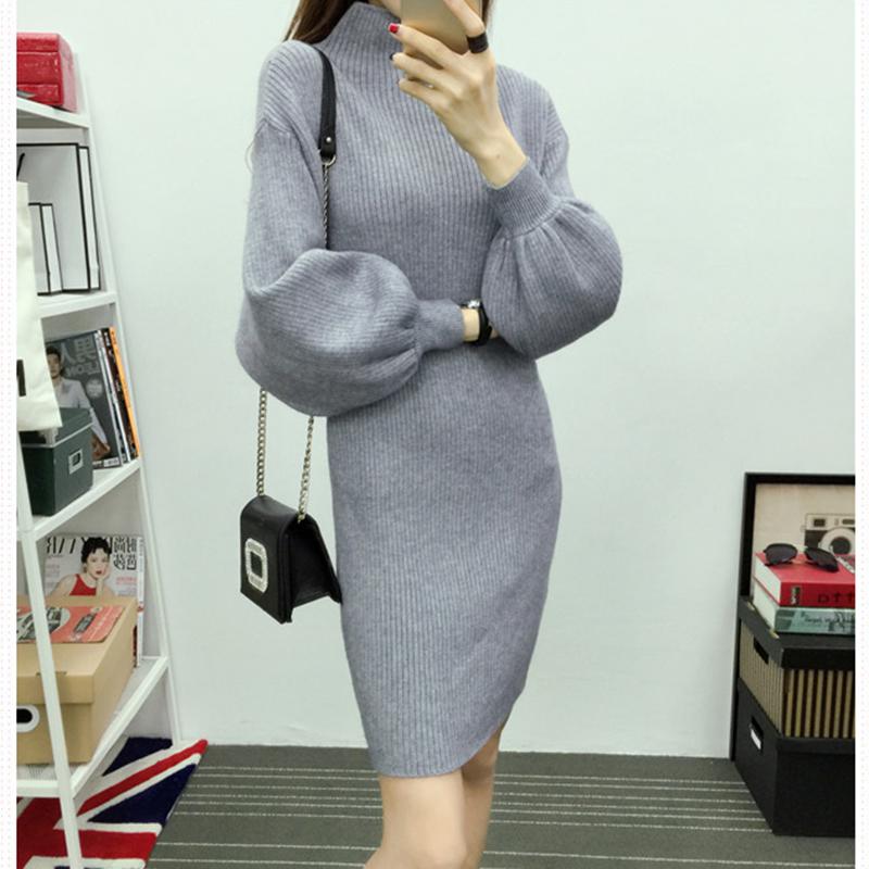 Autumn and Winter Half-high Collar Sweater Lantern Sleeve Casual Jacket Slim Knit Young Women's Top