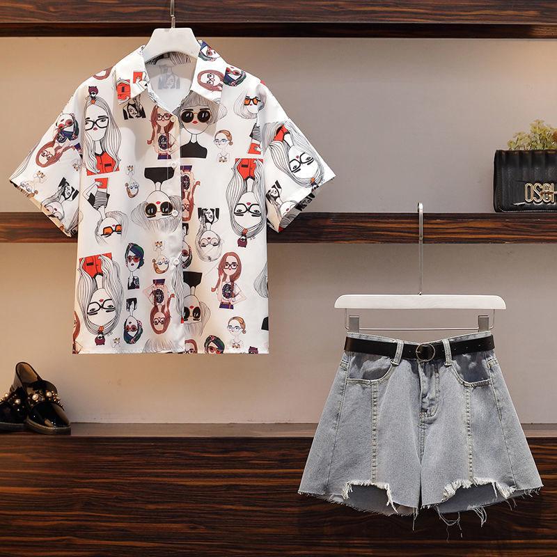 Women Summer Short Set Printed Short Sleeve Shirt and High-waist  Denim Shorts Two-piece Set Plus Size Outfits