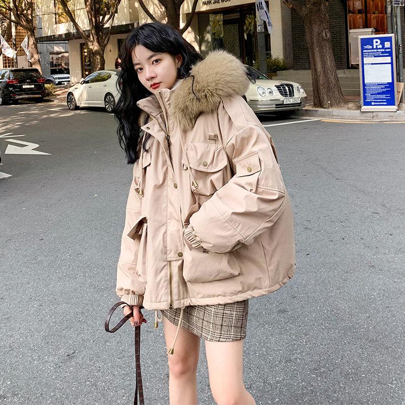 Cotton-padded Jacket Women's Fluffy Fur Collar Hooded Stand-up Collar Short Winter Loose Down Padded Jacket Plus Velvet Thick Warm Parka Jacket