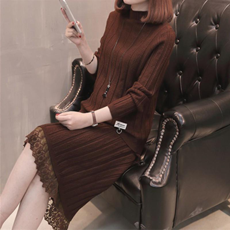 Women Sexy Autumn Knitted Tops and Dress 2 Piece Set Lace DRESS and Sweater Two Piece Set