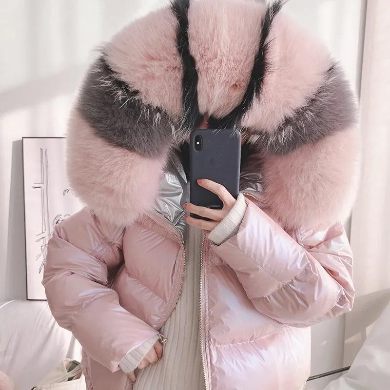 Women's Fashion Winter Warm Down Jacket Thicken Slim Shiny Jacket Outdoor Hooded Big Fur Collar Parka