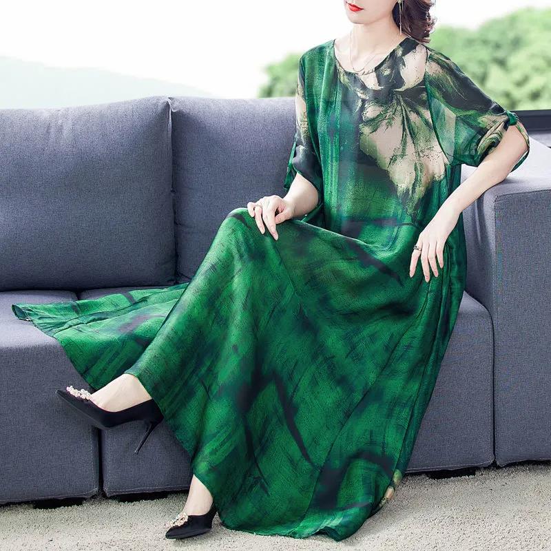 Spring and Summer Literary Temperament High-end Dress Women's Large Size Loose and Thin Covering Belly Printing Irregular