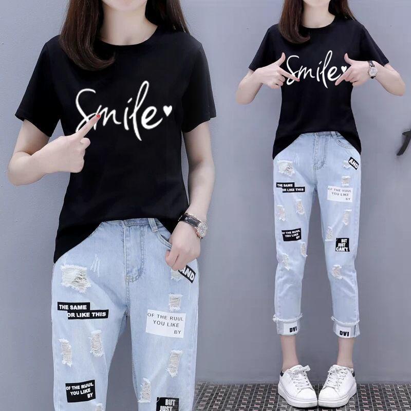 Suit Women Summer Short-sleeved T-shirt Nine-point Jeans Loose Two-piece Round Neck Short-sleeved T-shirt Loose Jeans