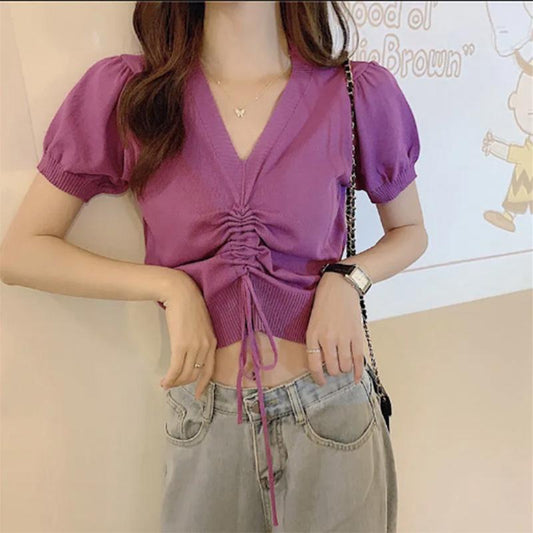 Solid Color Design Sense Niche Short Knitted V neck T-shirt Korean Style Chic Top Summer Style Bottoming Shirt Women