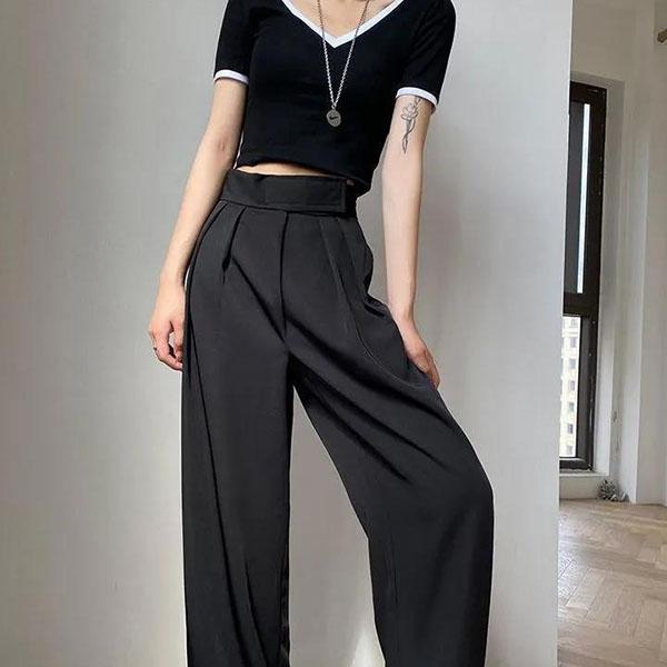 Women Autumn Thin Pants Large Size High Waist Wide Leg Casual Pants Versatile Loose Black Straight Suit Pants