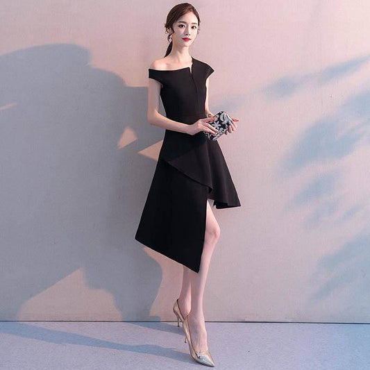 Pofulove XS-2XL Women Short Black Party Evening Dress Sleeveless Slim Elegant Irregular A-line Dress