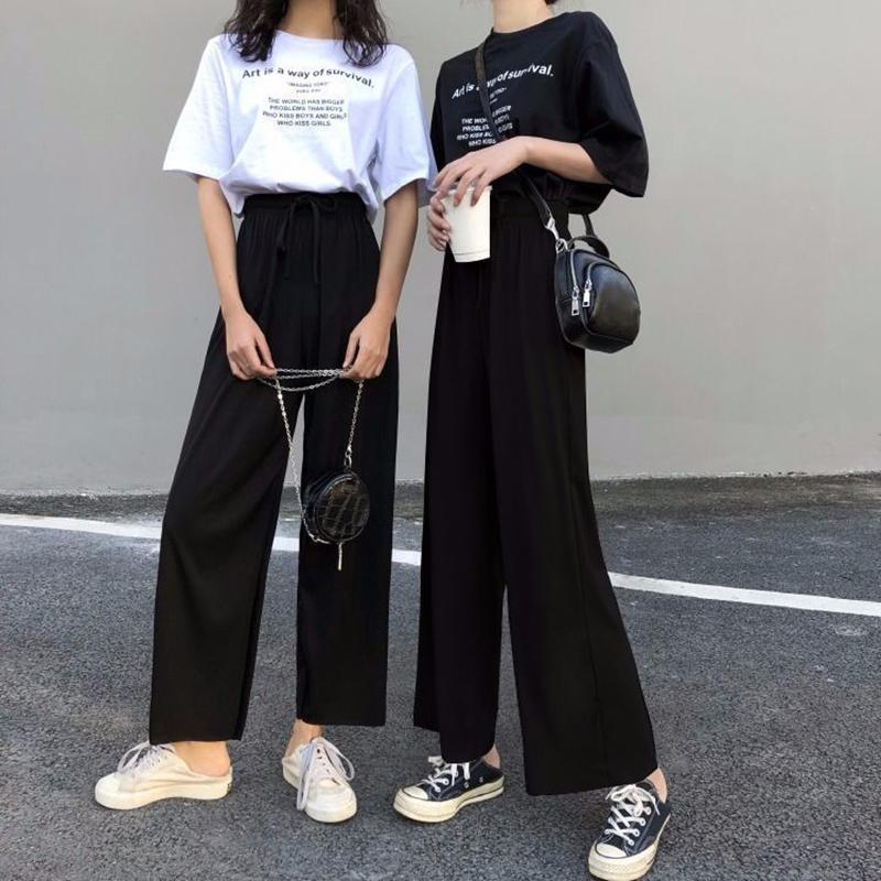 Two-piece Suit Clothes Summer Casual Wide-leg Nine-point Pants Round Neck Short-sleeved T-shirt Women's Casual Sports Suit Home Casual Wear