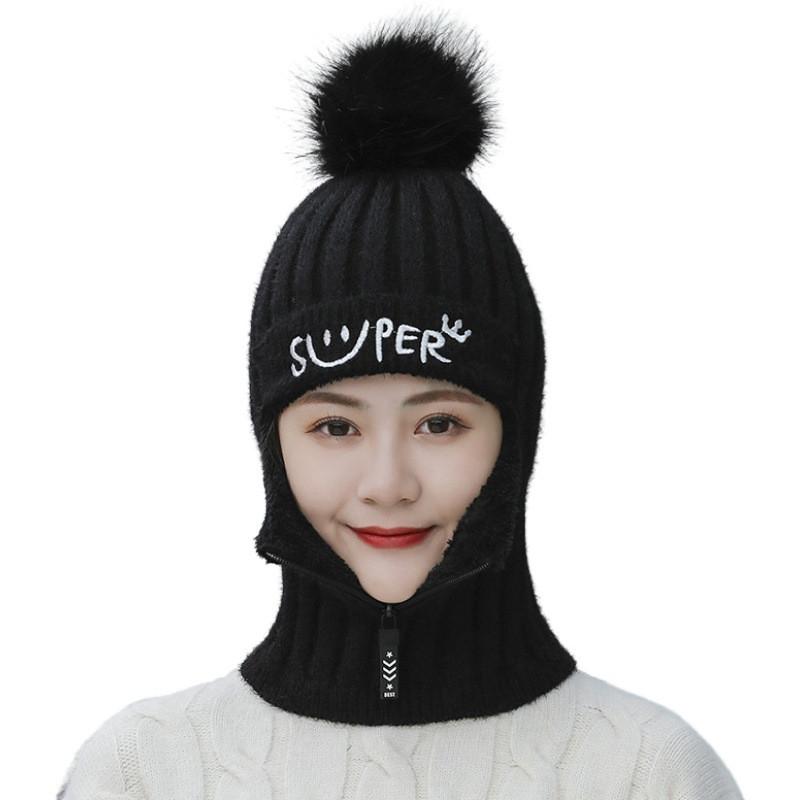 Winter Hat Ladies Knitted Hat Warm Plush Pompom Hat Skull Hat Women Girls Mask Hat Upgrade Version with Zipper