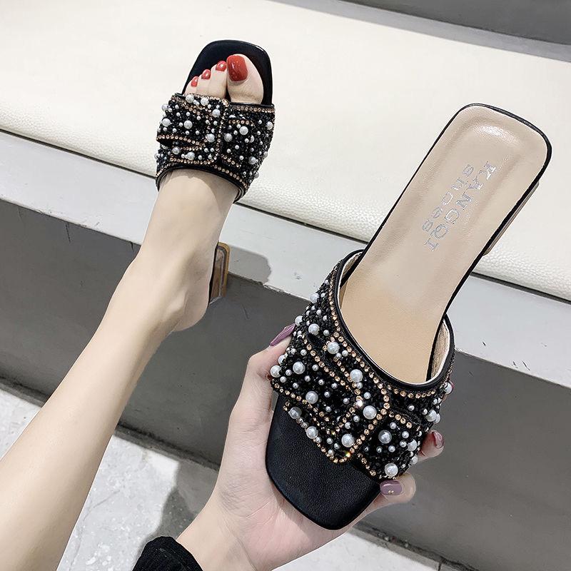 Plus Size 34-41 Women All-match Shiny Slippers Outdoor Diamond High Heels Bohemian Beach Wear-resistant Non-slip Slippers Pearl Sandals