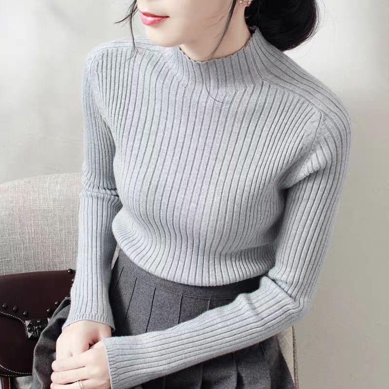 Pofulove Solid Color Half Turtleneck Slim Was Thin Sweater Women's Sweater Pullover Bottoming Shirt