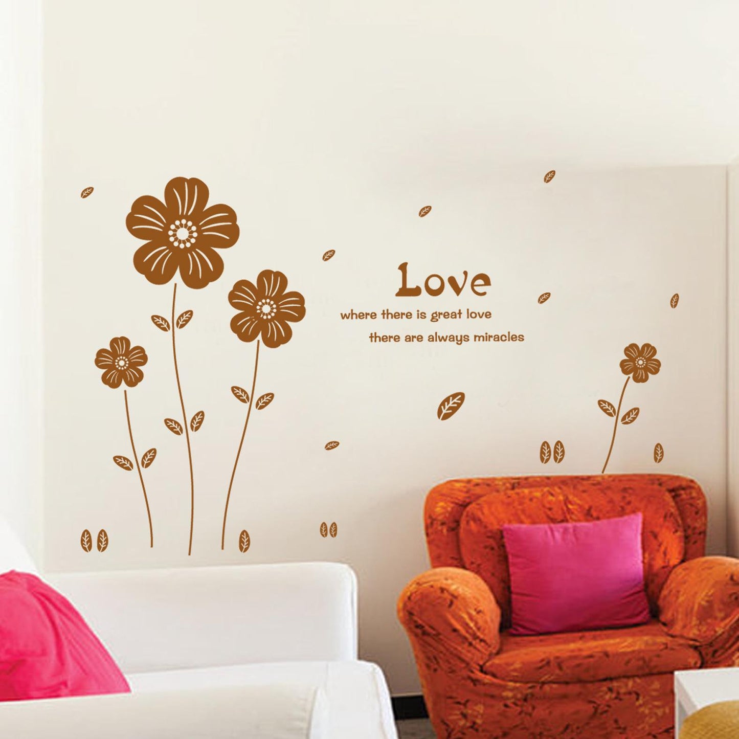 Living room bedroom decorated brown flowers wall stickers sofa TV background romantic love wallpaper