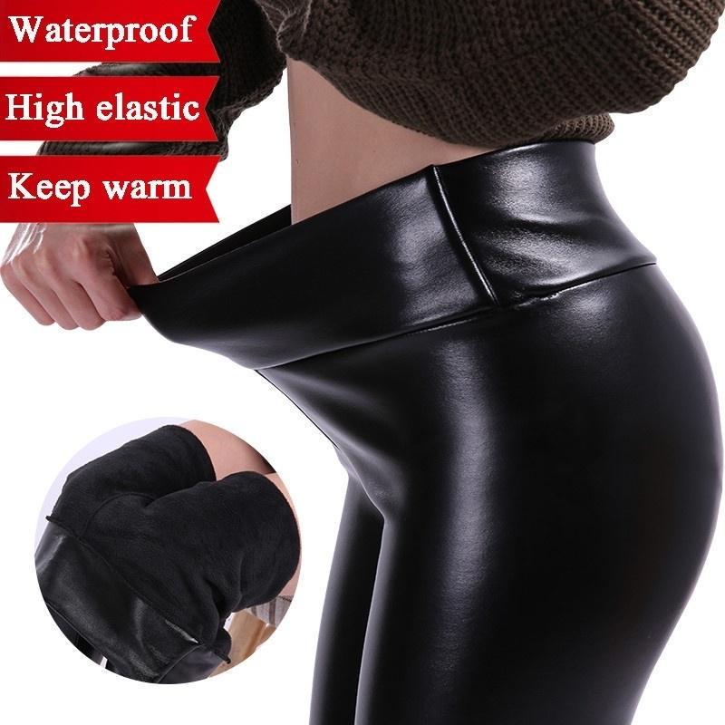 Women Shiny Metallic High Waist Pants Black Stretchy Faux Leather Leggings Pants