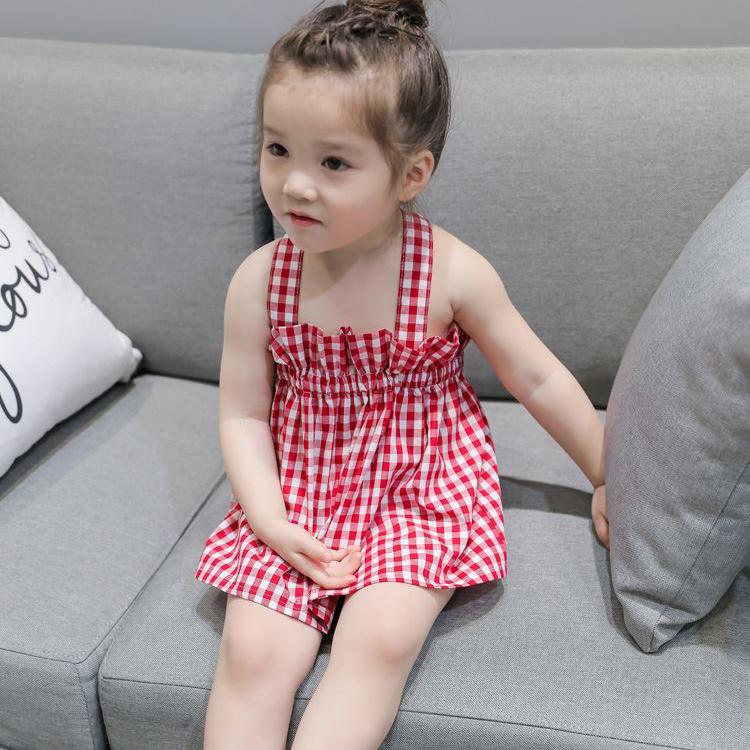 Children Dress Girls Summer Thin Sling Dress Plaid Sleeveless Back Cross Princess Dress Ruffle A-line Dress Suspender Dress