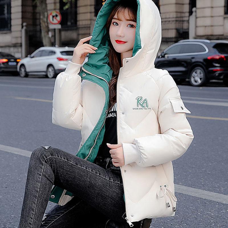 Down Padded Jacket Korean Winter Thickening Women's Short Slim Printed Hooded Plus Size Padded Warm Jacket