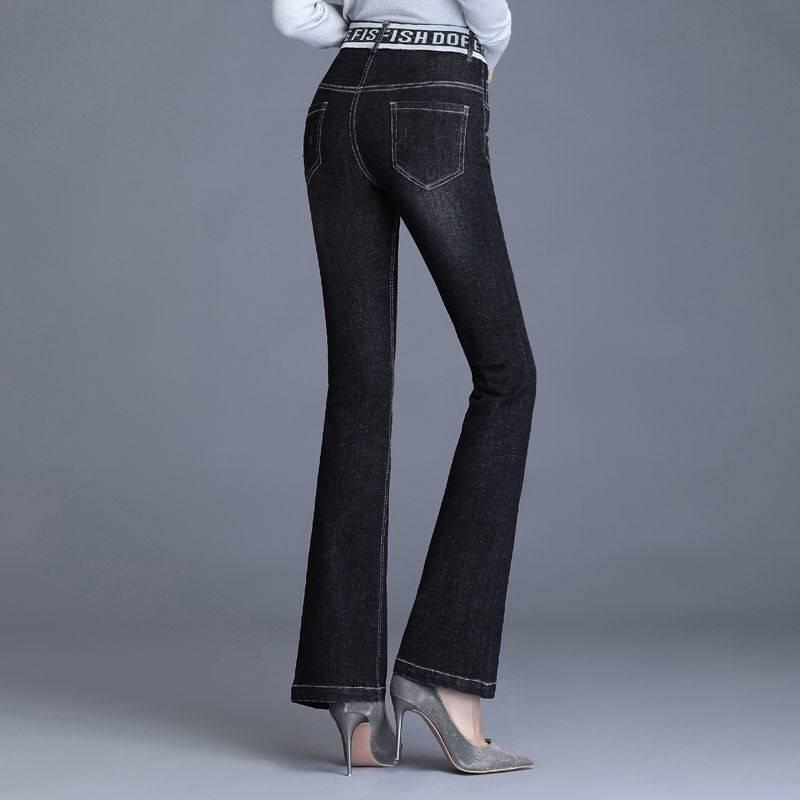 Women Mid Waisted Denim Jeans Denim Pants Pocket Stretch Button Bell-Bottom Pants Jeans Plus Size