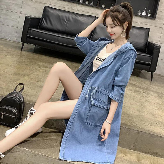 Long Denim Jacket Women's Wild Loose BF Casual All-match Windbreaker Women's Waist Hooded Denim Windbreaker Warm Jacket