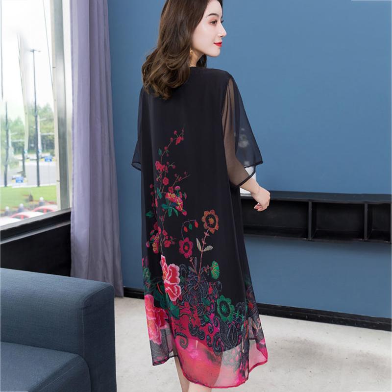 XL-XXXXXXL Women's Summer Dress Middle-aged Mother Chiffon Veil Short Sleeve Round Neck Large Size Over The Knee Daily Wear