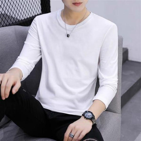 Spring and Autumn Solid Color Pure Cotton T-shirt Men's Long-sleeved Round Neck Trend Bottoming Shirt White Shirt