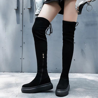 Autumn and Winter Women's Boots High Over The Knee Boots Flat Shoes Women's Lace-up Boots Elastic Boots