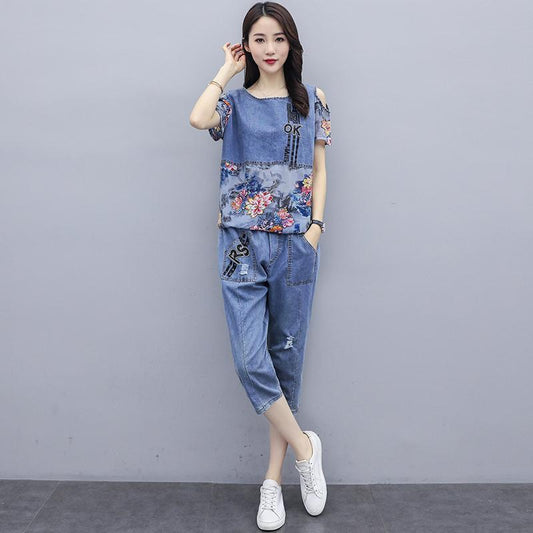 WTEMPO Denim Suit  Women's Plus Size 2pcs Suit  Spring and Summer Short  Sleeve Loose Casual Two-piece Set