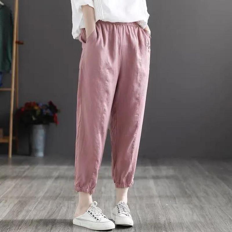 WTEMPO Cotton Retro Flower Embroidery Women Spring and Summer Loose Solid Color Casual Trousers