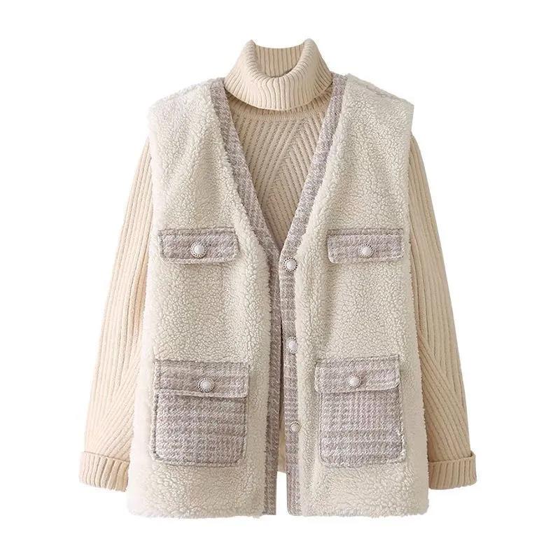 Lamb Wool Vest Women's Spring and Autumn Tweed Stitching Large Size Vest Fashion Jacket