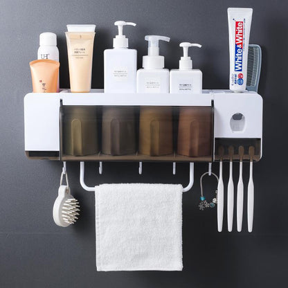 Dust-proof Wall-mounted Toothbrush Holder Set with Towel Rack Toothpaste Squeezer Cups