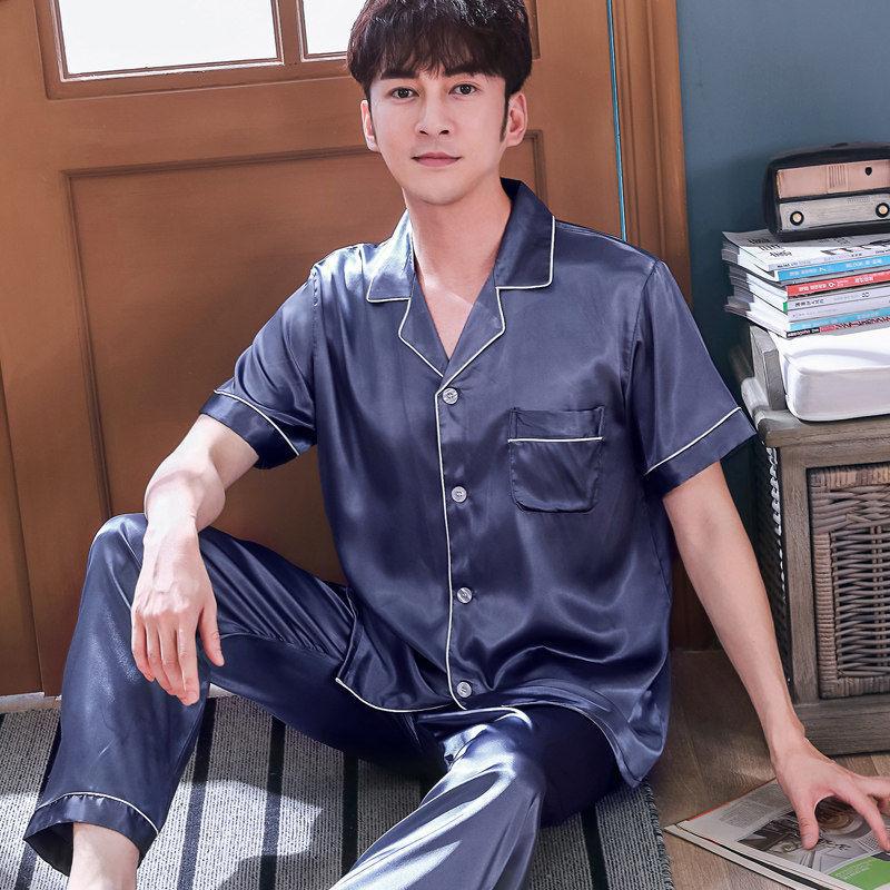 Men's Summer Short-sleeved Trousers Pajamas Spring and Summer Thin Couple Ice Silk Home Two-piece Suit