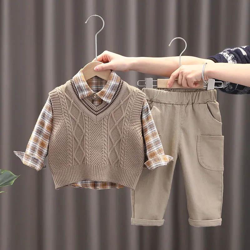 Boys Khaki Vest Spring and Autumn Suit Baby Fashion Sweater Vest Children's Korean Casual Long Sleeve Three-piece Set