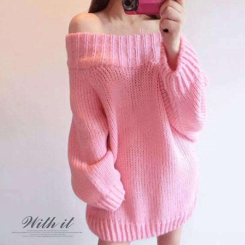 Autumn Winter Sexy Off-shoulder Sweater Women Loose Strapless Plus Size Mid-length Batwing Sleeve Knitted Sweater Dress