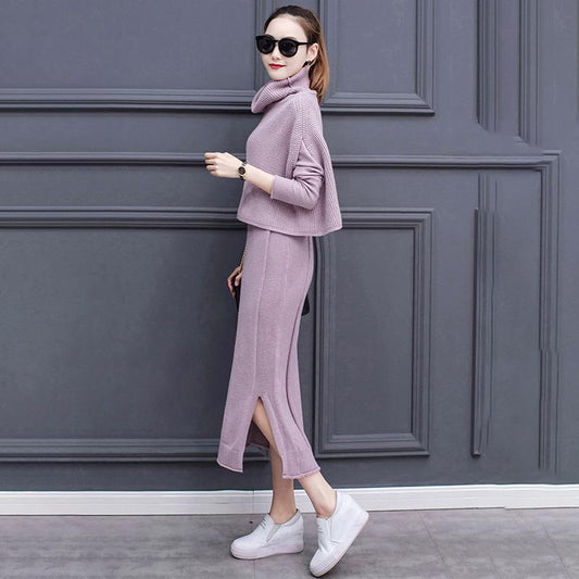 Autumn and Winter Women's Temperament Two-piece Knitted Suit Long-sleeved All-match Base Sweater Dress Elegant Warm Suit