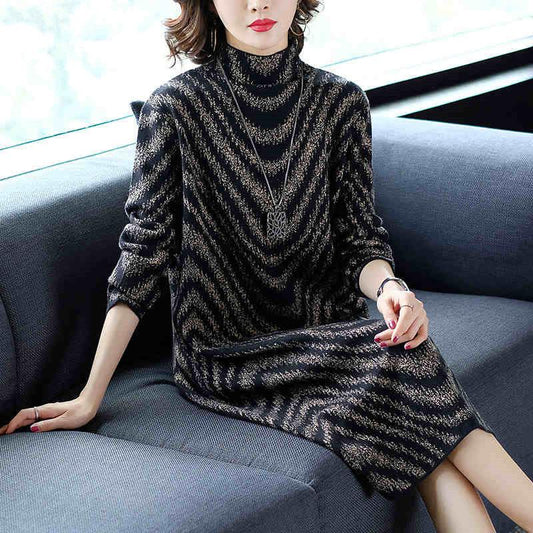 Large Size Loose Knit Dress Women Autumn Winter Slim Thickening Warm Turtleneck Sweater Dress Long Striped Bottoming Pullover Sweater